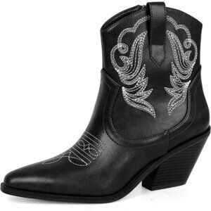 Women's Polyurethane Black Pu Embroidered Round Toe Short Ankle Chunky Heel Boot